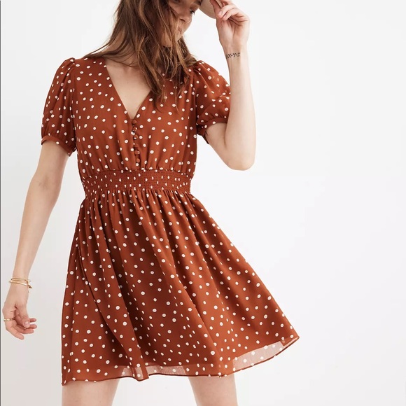 NWT Madewell Smocked Waist Mini Dress Inkspot Dots Brown Polka Dot Pinup Small - Picture 16 of 16